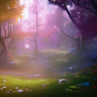 A highly colorful illustration of a forest.